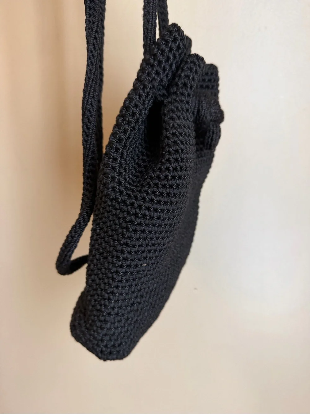 The Sak Black Crochet Drawstring Backpack Purse Woven Bucket Sling Bag Small